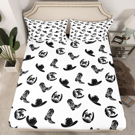 Cowboy Boots Hats Kids Fitted Sheet Full Size Vintage Horseshoes Print Bedding Set Girls Boys Adults Western Cowboy Theme Bed Cover Farmhouse Black White Bed Sheet,2 Pillowcases