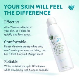 Aloe Up White Collection Continuous Sunscreen Spray SPF 50 Broad Spectrum UVA/UVB Sunscreen Protector for Face and Body with Moisturizing Aloe Vera Gel Reef Safe Coco Mango Fragrance 5.5 Fl. Oz