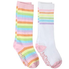 juDanzy 2 Pack of Baby, Toddler and Kids Knee High Tube Socks for Boys and Girls with Grips (12-24 Months Pastel Set), Pastel Rainbow & Pastel Rainbow Stripes, 12-24 Months