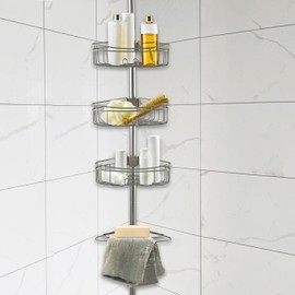 Utopia Alley 4 Tier Steel Tension Pole Shower Caddy with 3 Baskets & Soap Tray Shelf (Satin Nickel)