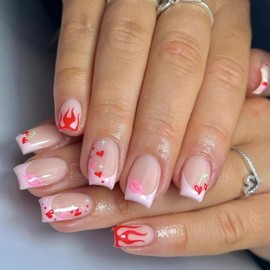 Press on Nails Short Square Nude Pink Heart French Tip Fake Nails with Designs Full Cover False Nails French Tip Glue on Nails Cute Short Square Acrylic Thick Stick on Nails for Women Nails Art 24Pcs F371