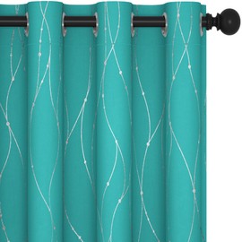Deconovo Blackout Grommet Silver Pattern Printed Curtains, Turquoise, 52W x 63L