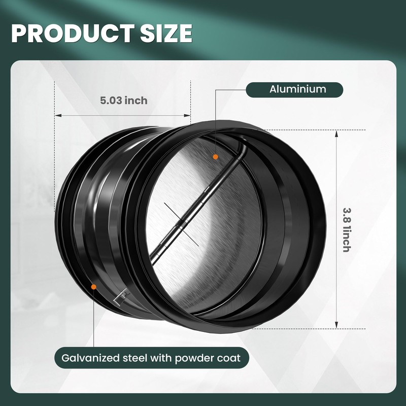 4" Backdraft Damper, One-Way Airflow Duct Insert with Spring-Loaded Aluminum