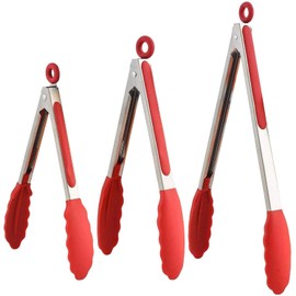 MTQ - Pinzas de Cocina, 3 PIEZAS Pinzas de Acero Inoxidable con Seguro, Kit de Pinzas de Silicona de 7 9" y 12 con Puntas de Silicona Antiadherentes, Alta Resistencia al Calor a 480 ° F Rojo)