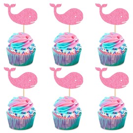Blumomon Pack of 24 Ocean Glitter Whale Cupcake Toppers Female Baby Shower Decorations Boy Birthday Supplies