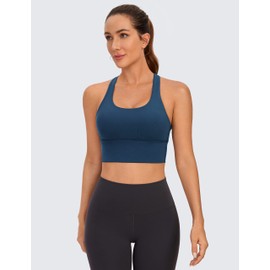 CRZ YOGA Women's Longline Strappy Sports Bras Fitness Bra Wirefree Padded Yoga Crop Tops with Built in Bra French Navy S