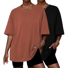 Ekouaer 2 Pack Womens Pajama Tops Short Sleeve Oversized T Shirts Summer Spring Tops 2025 Basic Casual Tee Top Black/Camel XL