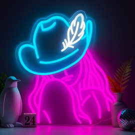 Cowgirl Neon Sign for Wall Decor – Cowgirl Hat Light with Aesthetic Pink Glow, USB Powered Dimmable Western Style Decor for Bedroom, Dorm Room, Vanity Space, Teen Girl Room, Birthday Gift Idea
