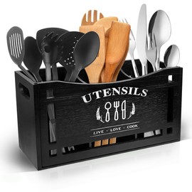 Wooden Kitchen Utensil Holder Large Utensil Organizer for Countertop, Cooking Utensils Caddy with 3 Compartments, Farmhouse Kitchen Decor Cooking Tools Storage for Silverware Fork Spoon Spatula