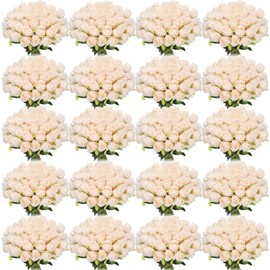 Tigeen 150 Pcs Artificial Rose Flowers Bulk, Fake Silk Roses Realistic Long Stem Flower Bouquets for Wedding Centerpieces Flower Arrangement Home Kitchen Decor(Beige)
