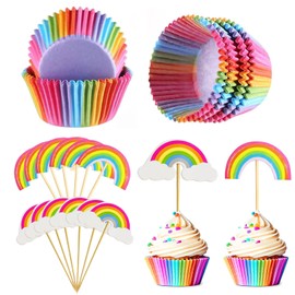 Calkkrer Pack of 100 Muffin Cases Paper, 12 Rainbow Cupcake Toppers, Muffin Mould Paper for Children's Birthday, Baby Shower, Muffin Baking Mould, Cupcake Decoration for Dessert