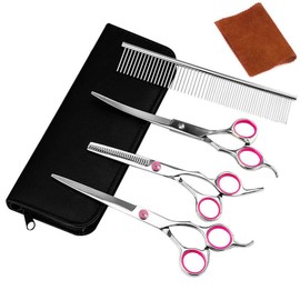 Azddur Pet Dog Grooming Scissors Set 4 Pcs Stainless Steel Professional Pet Trimmer Kit-6 inch Straight Cutting Scissors, Thinning Shears, Curved Scissors, Groom Comb