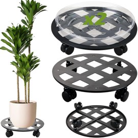 2 Packs Large Metal Plant Caddy 12" Heavy-Duty Wrought Iron Rolling Plant Stands Indoor Outdoor Wheeled Plant Dolly Planter Mover Rollers Plant Trolley Cart, Plant Saucers Included, Square Grid