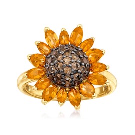 Ross-Simons 1.70 ct. t.w. Citrine and .80 ct. t.w. Smoky Quartz Sunflower Ring in 18kt Gold Over Sterling. Size 8