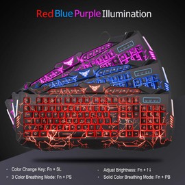 BlueFinger Gaming Keyboard Mouse Headset Combo, USB Wired Crack Backlit,114 Keys Letters Glow LED Keyboard, Red LED Light Headset for Laptop PC Computer Work and Game