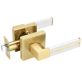 EHOMEWARE 1 Pack Gold Door Lever with White Leather Handle, Single Side Brass Interior Door Handle, Keyless Dummy Door Handle, Pull or Push Function for Pantry/Store Room/French Doors