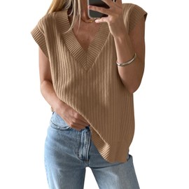 Saodimallsu Womens V Neck Sweater Vest Oversized Ribbed Knit Sleeveless Casual Loose Fit Pullover Tank Top Brown