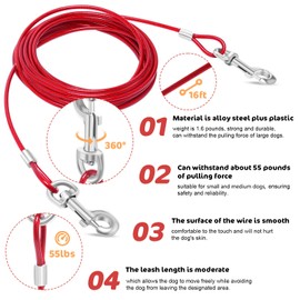 Relux Dog Tie Out Cable and Stake, 30FT Outdoor Dog Leash for Yard Training, Running, Hiking,Camping,with 16 Inch Heavy Duty Dog Anchor Spiral Stake for Small to Medium Dogs (Red，30FT)