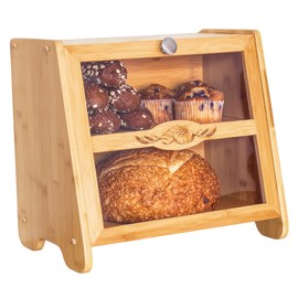 Totally Bamboo Double Layer Farmhouse Bread Box with Window for Kitchen Counter, Large Capacity Storage Container for Bread Loaves, Muffins, Bagels, Rolls and More