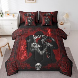 Erosebridal 7Pcs Skull Couple Twin Comforter Set,Kissing Lovers Skeleton Bedding Sets,Vintage Rose Flower Bed in A Bag,Gothic Spooky Lover Quilt with Flat Fitted Sheet Valentine's Day Bedroom Decor