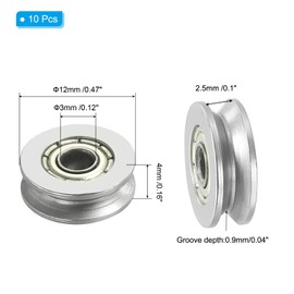 PATIKIL U-Groove Bearing, 10 Pack 3x12x4mm U Groove Guide Pulley Carbon Steel Sealed Ball Bearings Rail Roller Bearing Wheel for Track Liner Motion System
