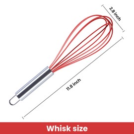 Silicone Whisks, 12 In Whisks for Cooking, Silicone Kitchen Whisks with Stainless Steel Handles (Red)