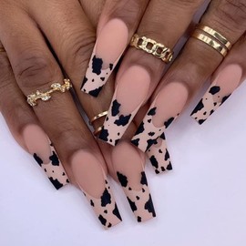 24PCS Leopard False Nails Coffin Fake Nails Press on Long French Full Cover Nails Tips for Women and Girls (Leopard False Nails-E)