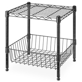 Whitmor 2-Tier Supreme Stacking Shelf with Basket, Heavy-Duty, Adjustable Home Organizer, Black