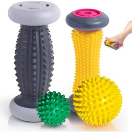 Bolas de Masaje 4Pzs, Rodillos de Masaje Pelota Yoga con 2 Masajeador de Pies Profundo y 2 Spiky Roller Ball Tejido Profundo para Alivio del Dolor Fascitis Plantar Pie Hombro Espalda Brazo Pierna Mano