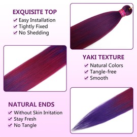 Ombre Purple RoseRed Pre Stretched Braiding Hair 30 Inch Braiding Hair 2 Packs Pre Feathered Hair Extensions Yaki Texture Braids Hair Easy to Use