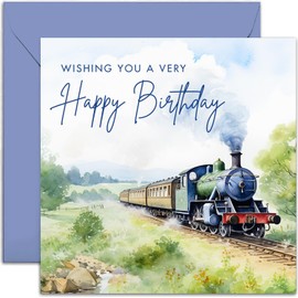 Old English Co. Steam Train Birthday Card for Him - Watercolour Railway Scene Birthday Card for Men - English Countryside Vintage Steam Train Card for Dad, Grandad | Blank Inside with Envelope