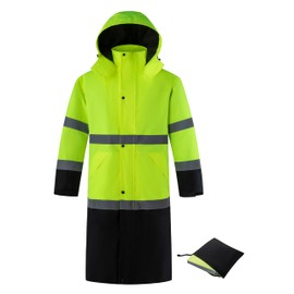 Ubon Men's Hi Vis Long Raincoat Waterproof Reflective Safety Rain Jacket High Visibility with Black Bottom and Detachable Hood, Yellow, Small