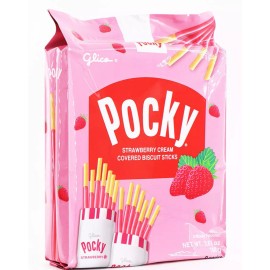 GLICO POCKY STRAWBERRY CREAM COVERED BISCUIT STICKS 3.81oz 9 PACKS A BAG
