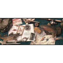 Concord Wallcoverings Wallpaper Border Country Pattern Fisherman's Stuff Hat Rod Hook Bait for Cottage Farmhouse, Blue Gray, 15 Feet by 10 Inches CW102734