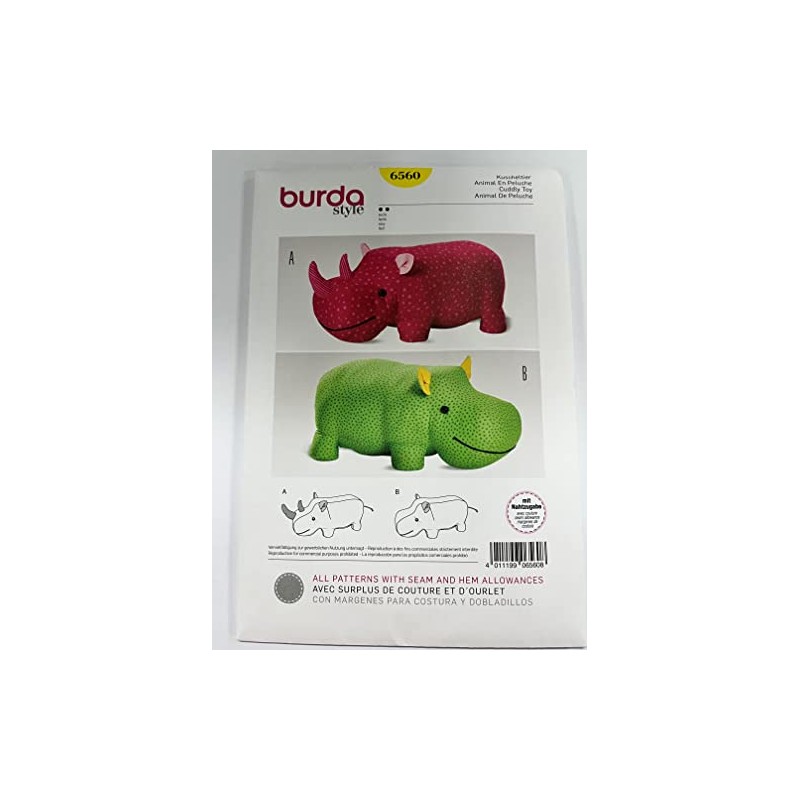 BURDA SEWING PATTERN RHINO OR HIPPO BIG STUFFED ANIMALS FOR