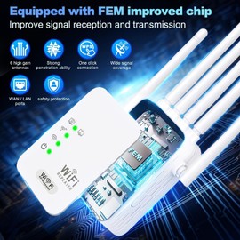 Newest WiFi Extender, WiFi Booster, WiFi Repeater, 1200Mbps WiFi Booster Range Extender, 2 LAN Ports,6 Antennas, Internet Booster - with Ethernet Port, Quick Setup, Home Wireless Signal Booster -White