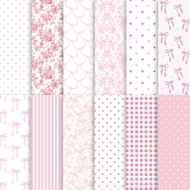 24 Sheets Preppy Pink Bow Scrapbook Paper, Coquette Bow Ribbon and Floral Decorative Craft Paper Folded Flat for Birthday Wedding Baby Shower Card Making Photo Album Decor, 12'' x 12''