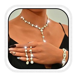 Reaky Bridal Jewelry Set Rhinestone Necklace Silver Crystal Jewelry Sets 3 Pcs Bride Wedding Accessories for Women (Gold)