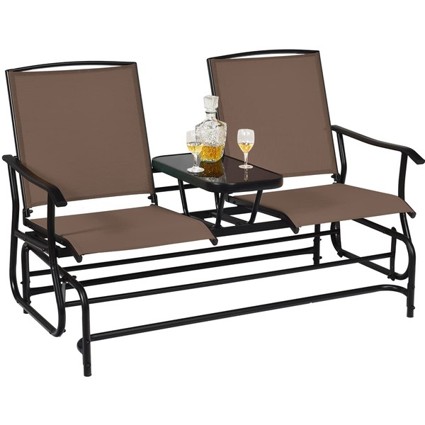 Giantex Patio Bench Glider Chair with Metal Frame, Center Tempered Glass Table, Outside Double Rocking Swing Loveseat for Porch, Garden, Poolside, Balcony, Lawn Rocker Outdoor Glider Bench(Brown)