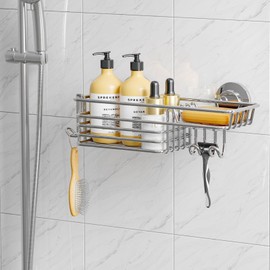 TAILI Shower Caddy Suction Cup with Hooks & Soap holder, Heavy Duty Bathroom Shower Organizer, No Drilling Shower Shelf for Inside Shower, Stainless Steel Silver Shower holder organizer