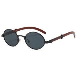 YAMEIZE Wooden Sunglasses for Men and Women Round Small Oval Retro Vintage Metal Frame Wooden Sunglasses UV400, black/grey