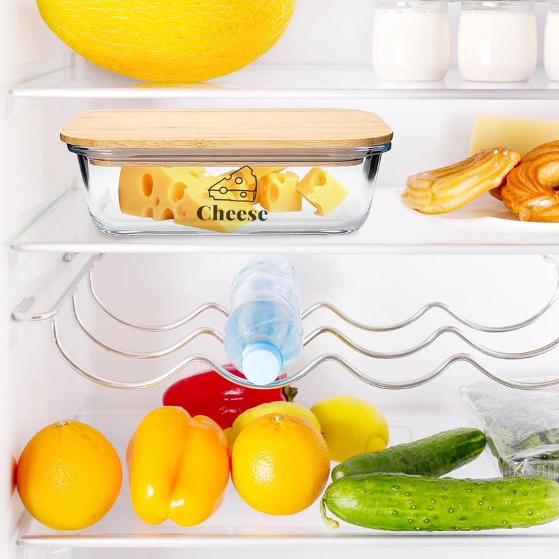Yomjarl Cheese Container for Refrigerator,Glass cheese slice holder with Wooden