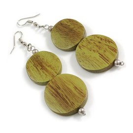 Earthy Harmony Olive Green Double Bead Wooden Dangle Earrings - 85mm Total Length