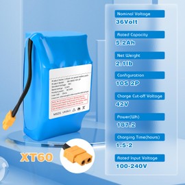 TEMIBATT 36V 5200mAh Lithium Battery - 10S2P Configuration for Hoverboards, CE/UL Certified Safety