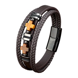 Gift for Men, Leather Bracelet for Men, Men's Leather Bracelet, Tiger's Eye Leather Bracelet, Cross Tiger's Eye Multilayer Braided Leather Bracelet with Magnetic Clasp, Christian Gifts, PU leather,