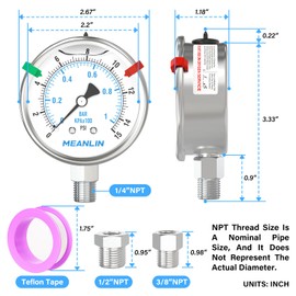 MEANLIN MEASURE 0~15Psi Stainless Steel Liquid Filled Pressure Gauge 2.5" FACE DIAL 1/4" NPT for Water Oil Air Well Pump Tank Tire Pressure Test Lower Mount with Stainless Steel Hex Bushing and Snaps