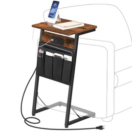 HOOBRO C-Shaped End Table with Charging Station, Slide Under Couch Table with Storage, Small Sofa Arm Table Tray Side Table with Stable Metal Frame, for Living Room, Bedroom, Rustic Brown BF72USF01
