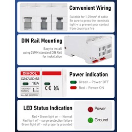 DIHOOL Ground Fault Circuit Breaker with Voltage Surge Arrester Protection, 16 Amp 2 Poles AC 120V-240V, DIN Rail Mount Residual Current Circuit Breaker 16A