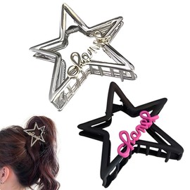 JazSwirl Black Star Claw Clip, 2-Pack Matte Silver Y2K Star Hair Clips for Women, Y2K Claw Clip Hair Accessories