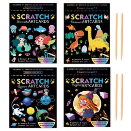 Fovorica 4/8 Pack Different Themed Magic Drawing Scratch Arts Papers for Kids with Wooden Stylus, Colorful Scratch Notepads in 7.5x5.5 inch Great Gift for Boys and Girls (9Page/Each)